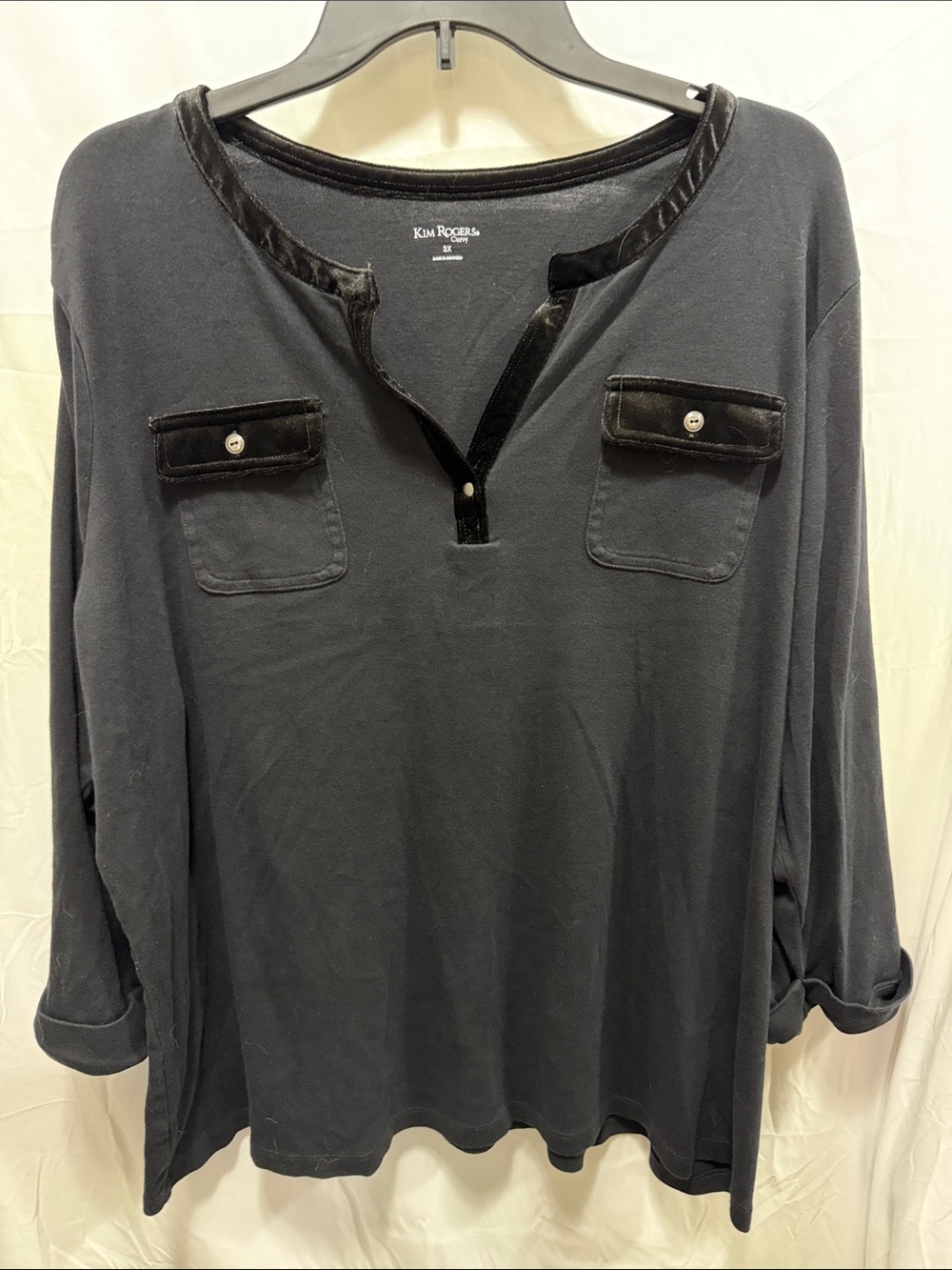 Kim Rogers Black Long-Sleeve Henley with Velvet Trim and Flap Pockets